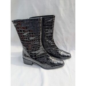 ME TOO Drylastics Palla‎ Q Womens Mid Calf Boots 8.5 Black Faux Croc Patent Zip